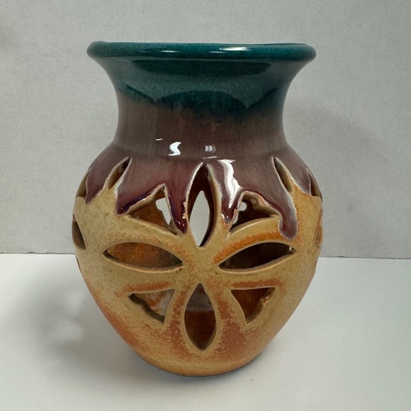 RAD Studio Pottery Other - Vintage 1993 RAD Studio Pottery Drip Glaze Cutout Vase Teal Burgundy Orange 5"